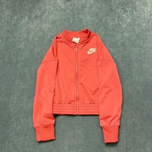 Nike Tricot Tracksuit Jacket Girls Small Pink Spellout Logo Full Zip Sportswear